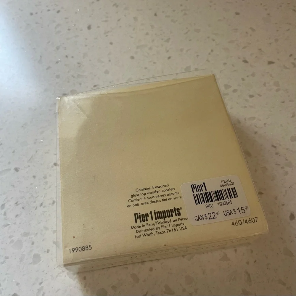 Pier 1 Cocktail Glass Top Wooden Coasters Set of 4 in Box